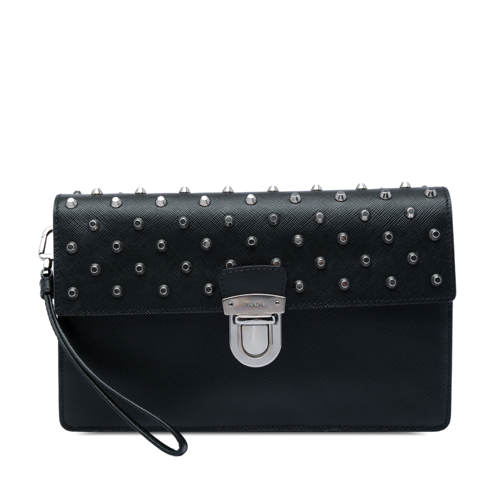 Pre-Loved Prada Studded Saffiano Push Lock Wristlet Clutch